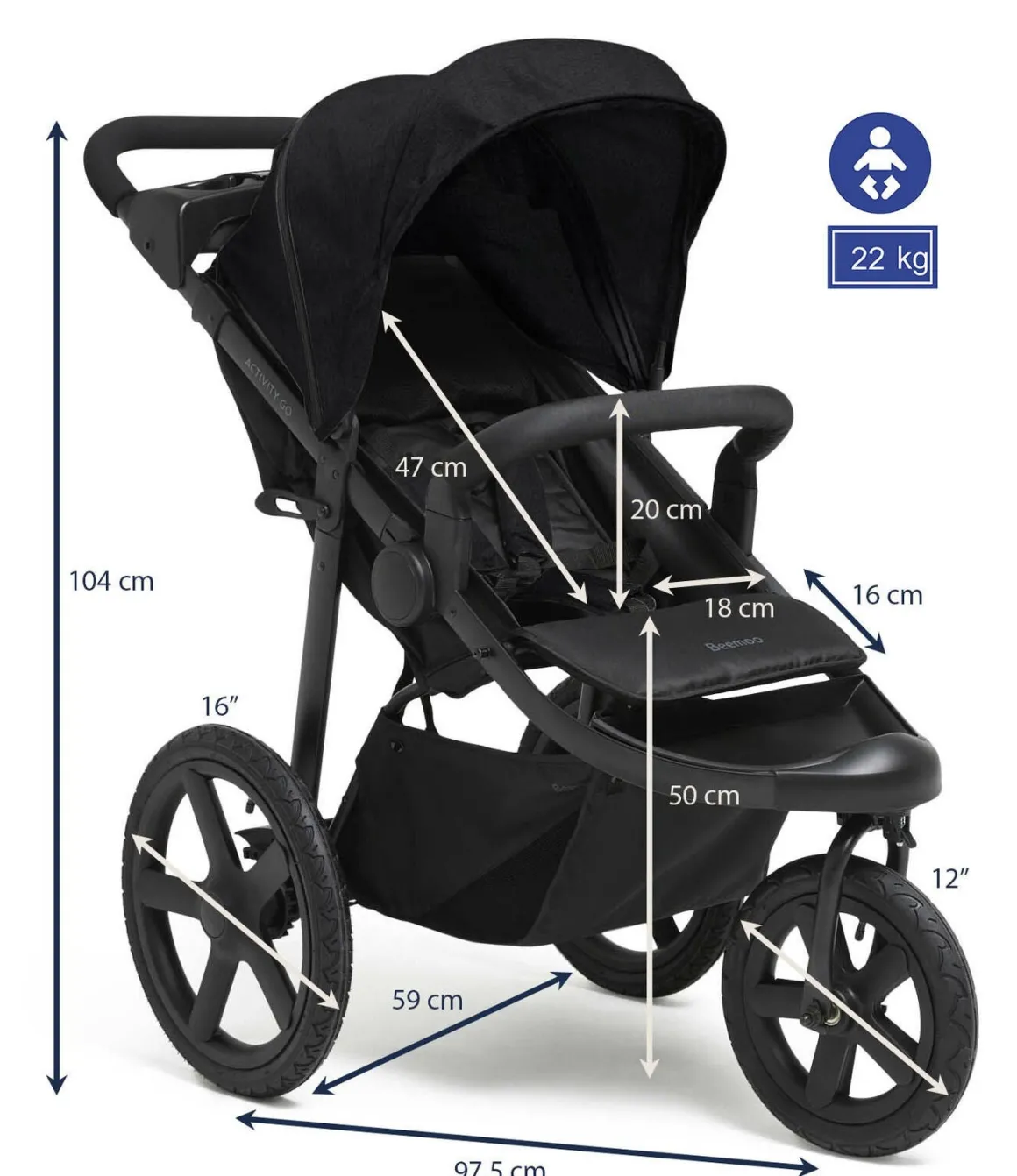 Beemoo Activity Go Aktivitetsklapvogn, Black