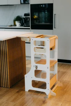 Duck Woodworks 3-i-1 Sammenklappeligt Læringstårn med Højstol, Hvid