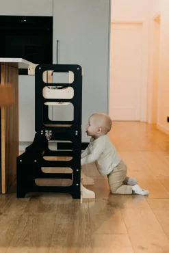 Duck Woodworks 3-i-1 Sammenklappeligt Læringstårn med Højstol, Sort