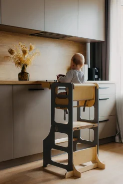 Duck Woodworks 3-i-1 Sammenklappeligt Læringstårn med Højstol, Grå