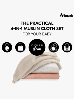 Hauck Cuddle N Clean Tæppe/ Stofble i Musselin 3-pak, Beige Dots/Cork/Beige