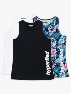 Hyperfied Split Tank Top 3-pak, Black/White/Tropical Flower